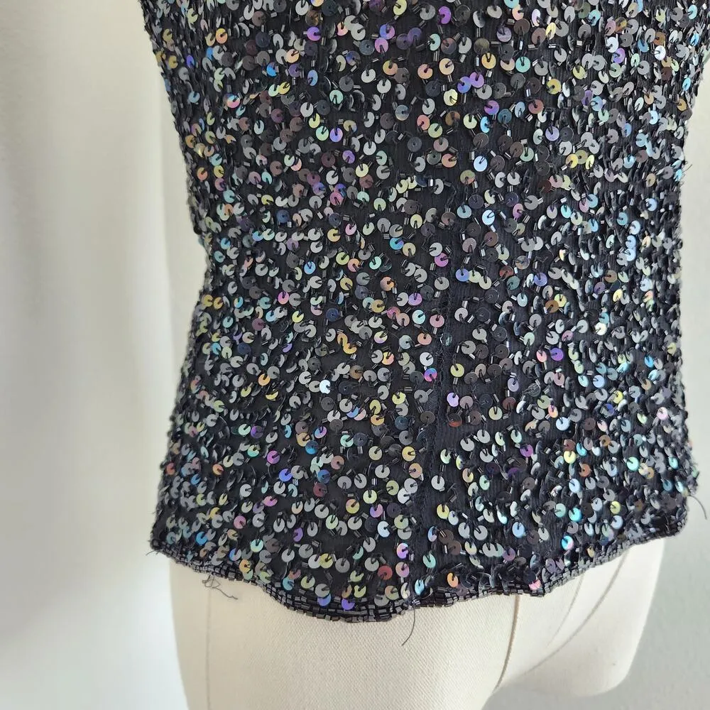 Vintage Lawrence Kazar Black Iridescant Sequin Silk Embroidered Blouse S - Image 5