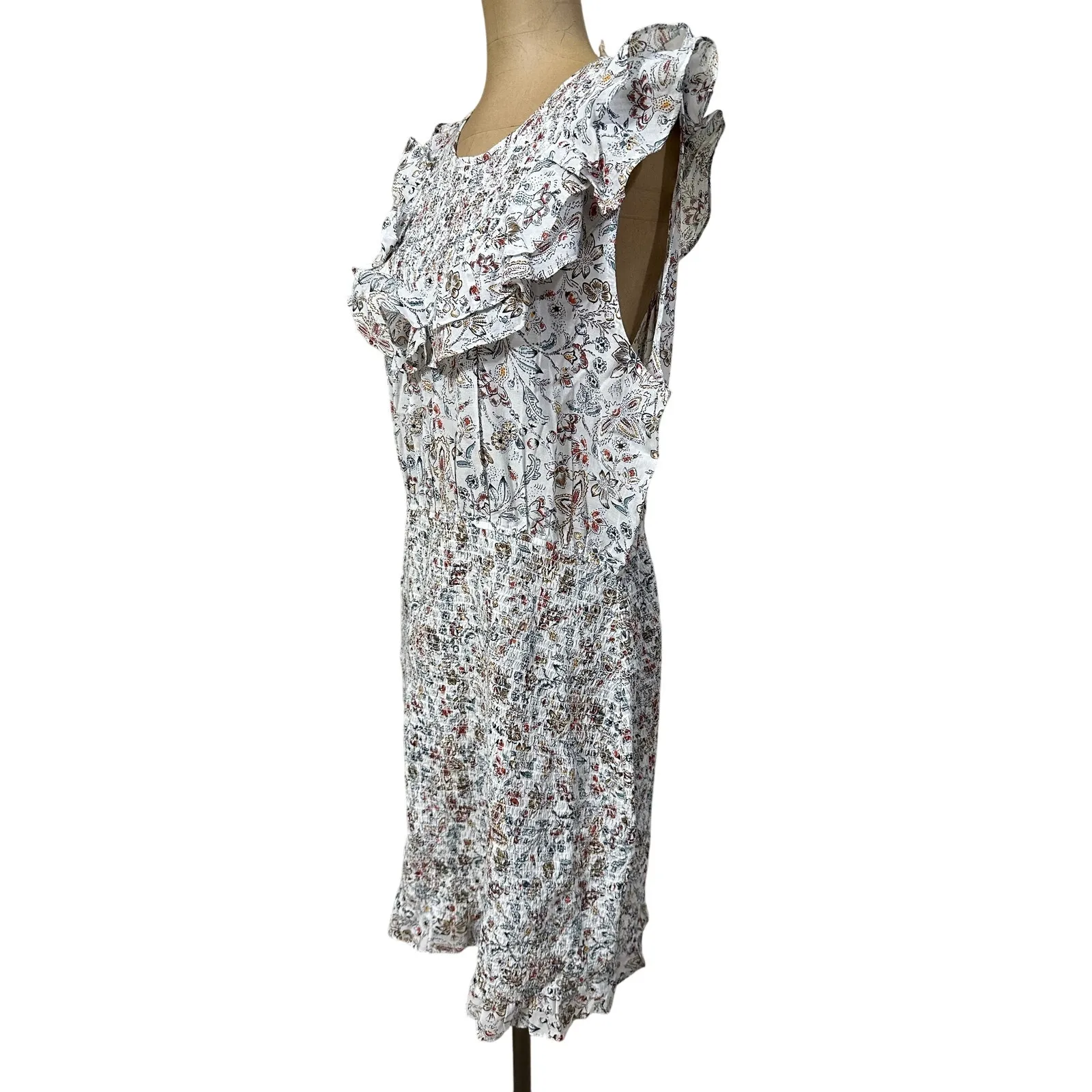 Sezane Mini Dress White Floral Smocked Ruffle Hem Roxie - Image 6