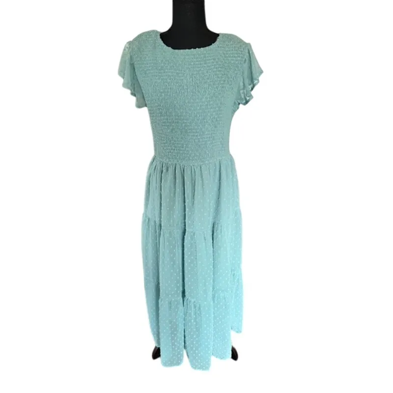 MEROKEETY Mint Green Smocked Bodice Tiered Midi Cottagecore Dress – Size Large - Image 2