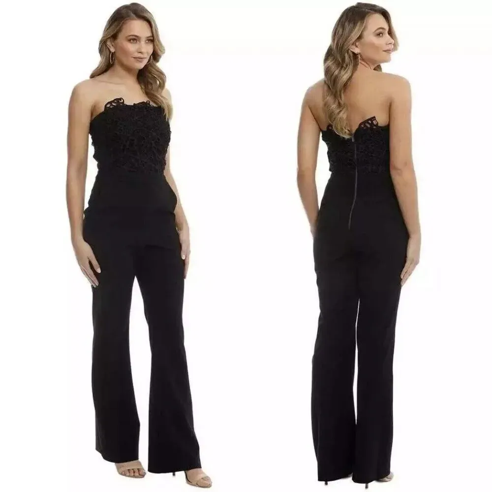 Rebecca Vallance Sophia Crepe 3D Lace Trim Strapless Jumpsuit Straight Leg Black Size 6 - Image 13