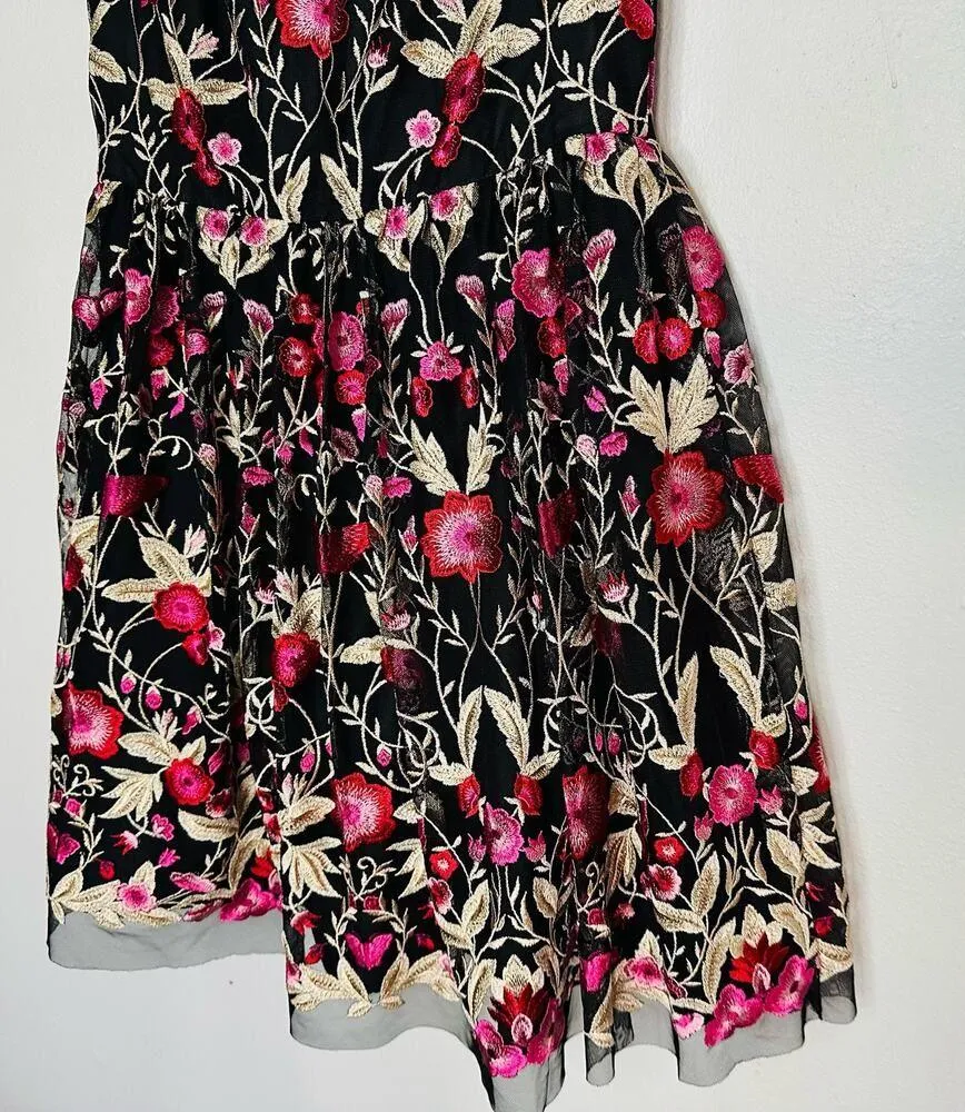 SHOSHANNA MIDNIGHT Black Pink Bayard Embellished Floral Mesh Mini Dress Size 8 - Image 7