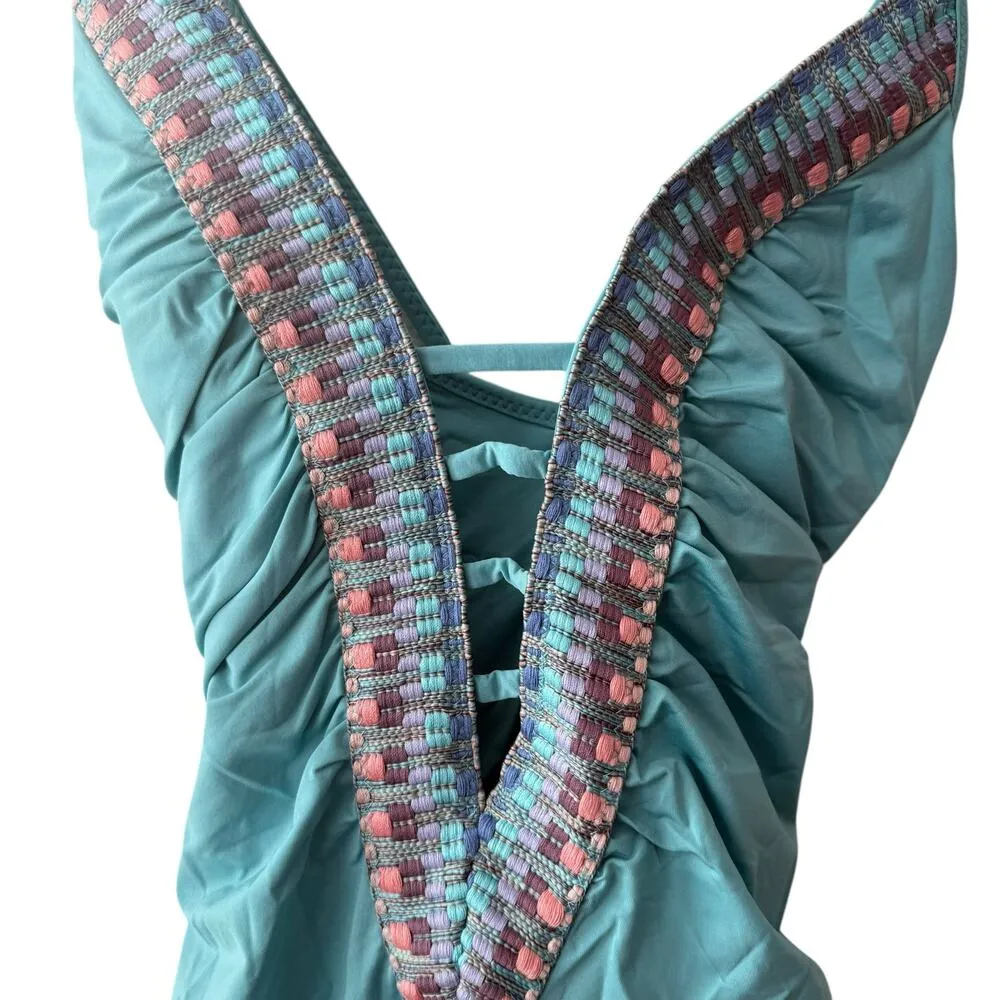 Becca Blue Fiesta Plunge Neck Basket Weave Trim One Piece Swimsuit Size Large - Image 5