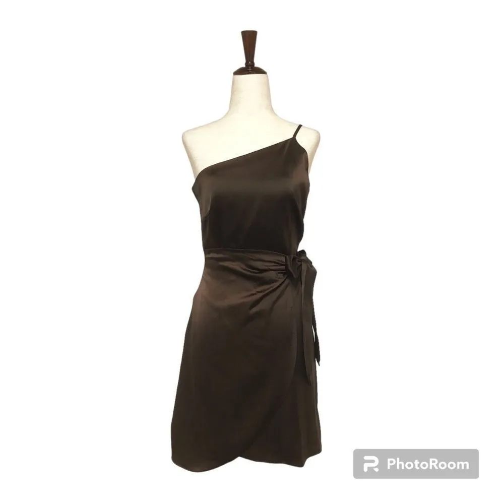 GIANNI BINI Brown Satin One Shoulder Mini Dress Cocktail Wrap Tie Waist Sz 0 New - Image 3