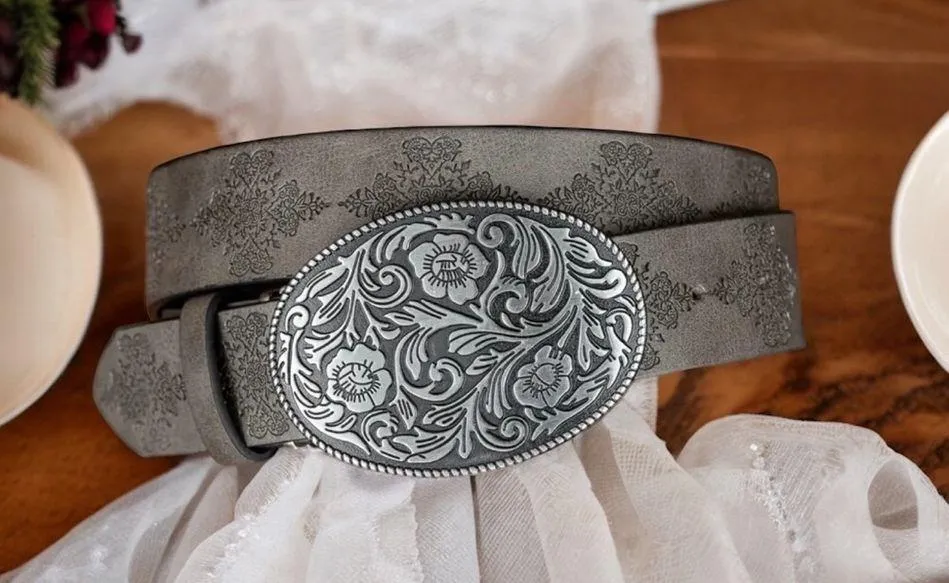 Gray Fashionable Embossed Faux Leather‎ Belt Oval Flower Leaf Buckle Stylish - Image 5