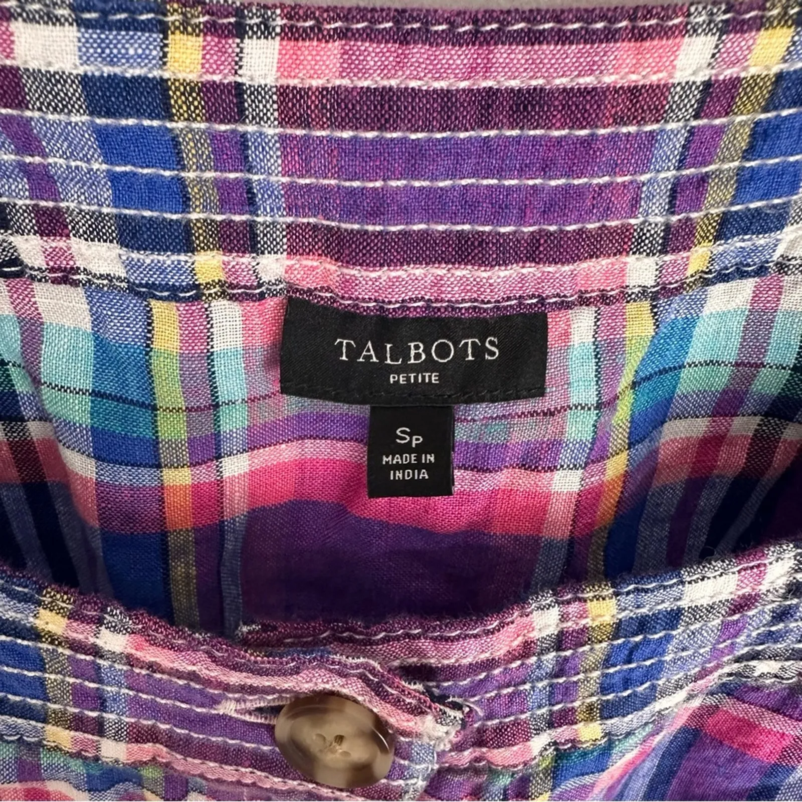 Talbots Linen Tie Plaid Pink Purple Puff Short Sleeve Blouse Sz Small Petite - Image 2
