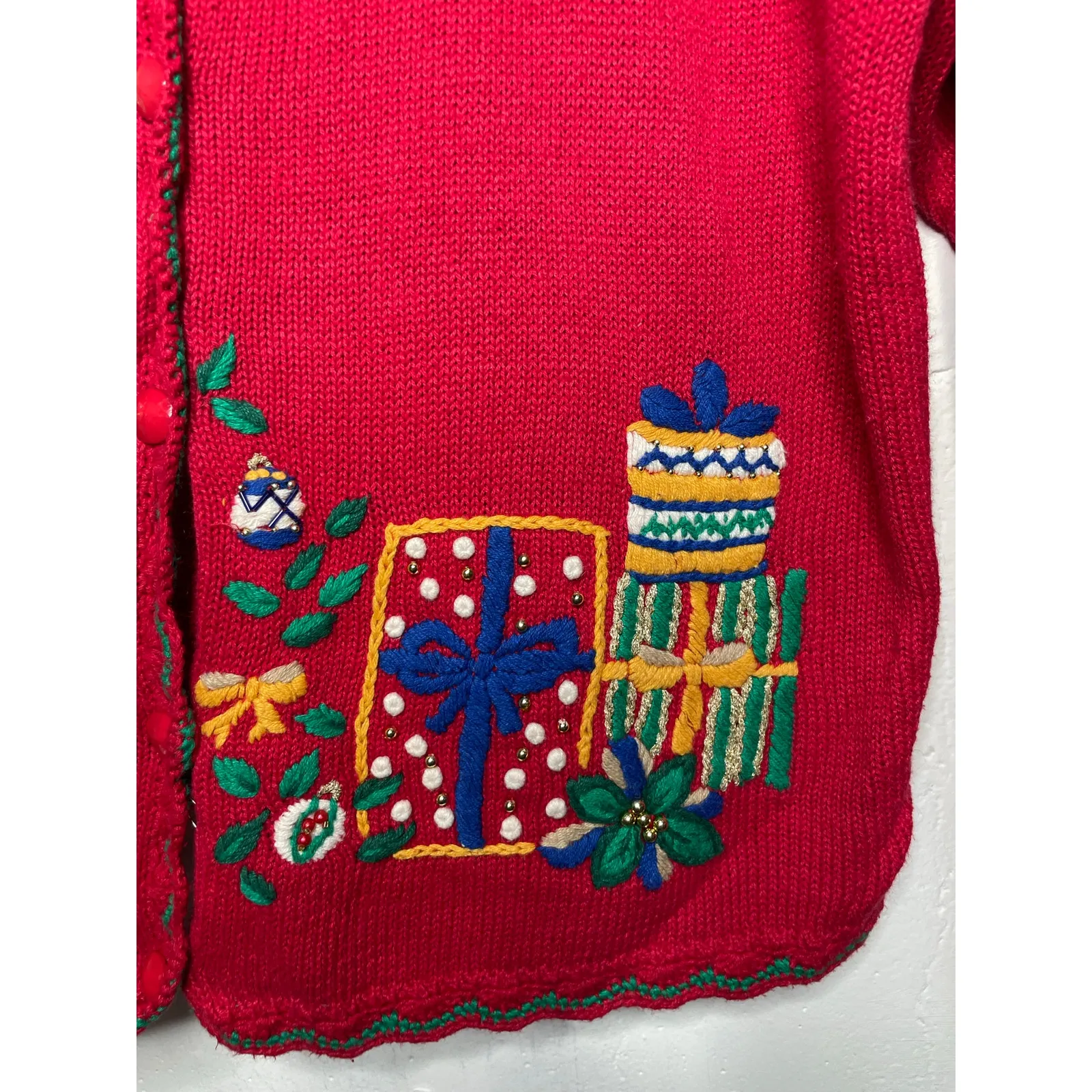 Work in Progress Red Knit Christmas Sweater Button Down Tree Size XL Womens - Image 6