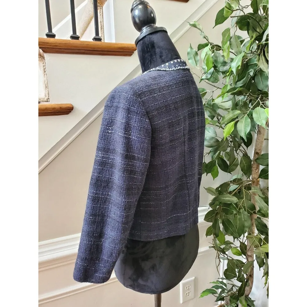 Ann Taylor Loft Women's Blue Cotton Long Sleeve Casual Crome Studded Blazer 4 - Image 4