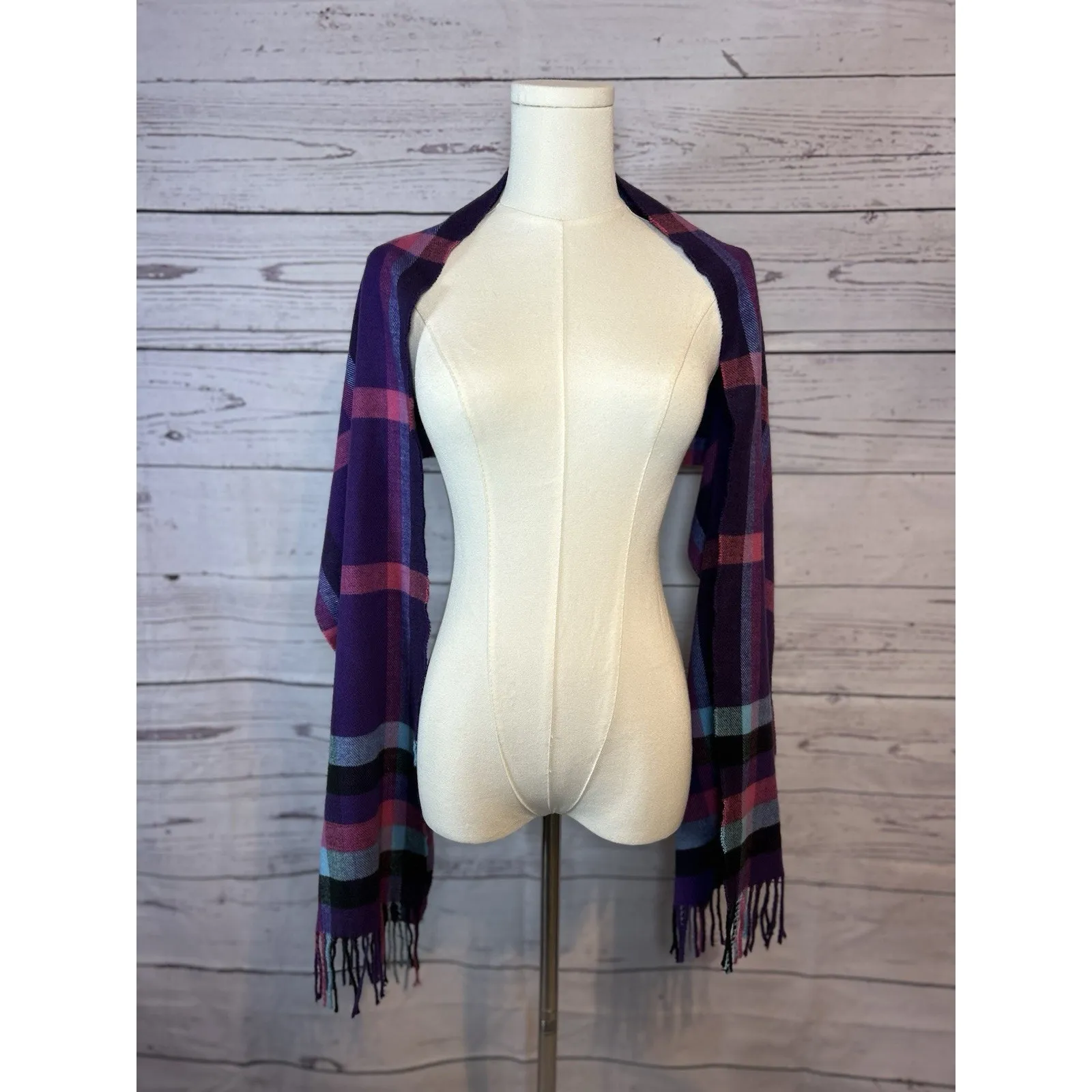 Plaid Purple Pink Black Blue 100% Cashmere Scarf Made in Scotland Fringe 64x12 - Image 2