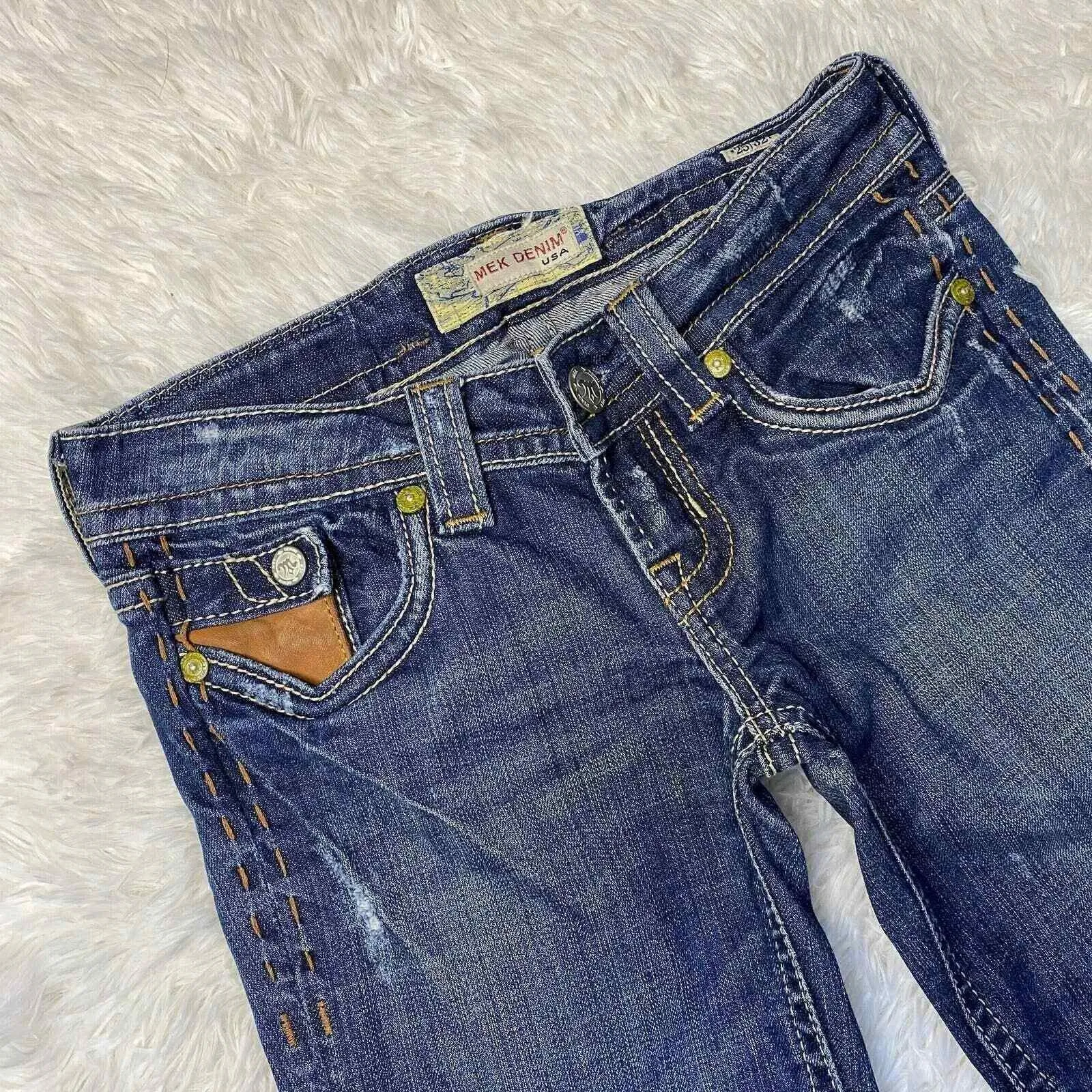 MEK Boulder Lowrise Bootcut Jeans sz 25 32 Button Flap Pockets Distressed Grunge Blue - Image 2