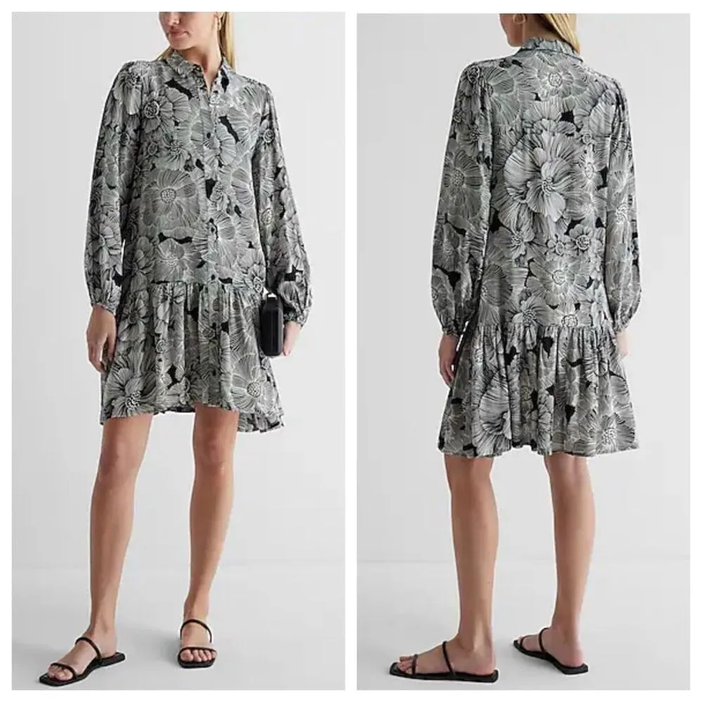 EXPRESS Floral Ruffle Hem Oversized Shirt Dress Size Medium - Image 2