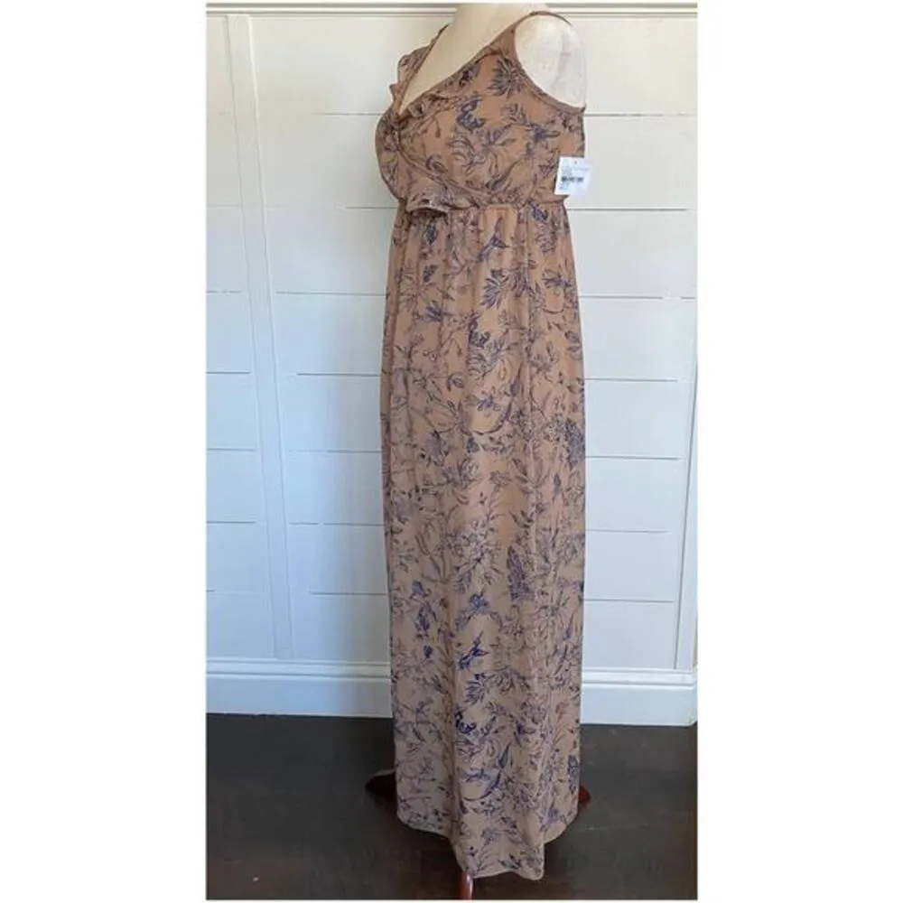 Nordstrom Soprano Brown Tan w/Navy Flowers Sheer Ruffled Flowy Dress XS NWT - Image 6
