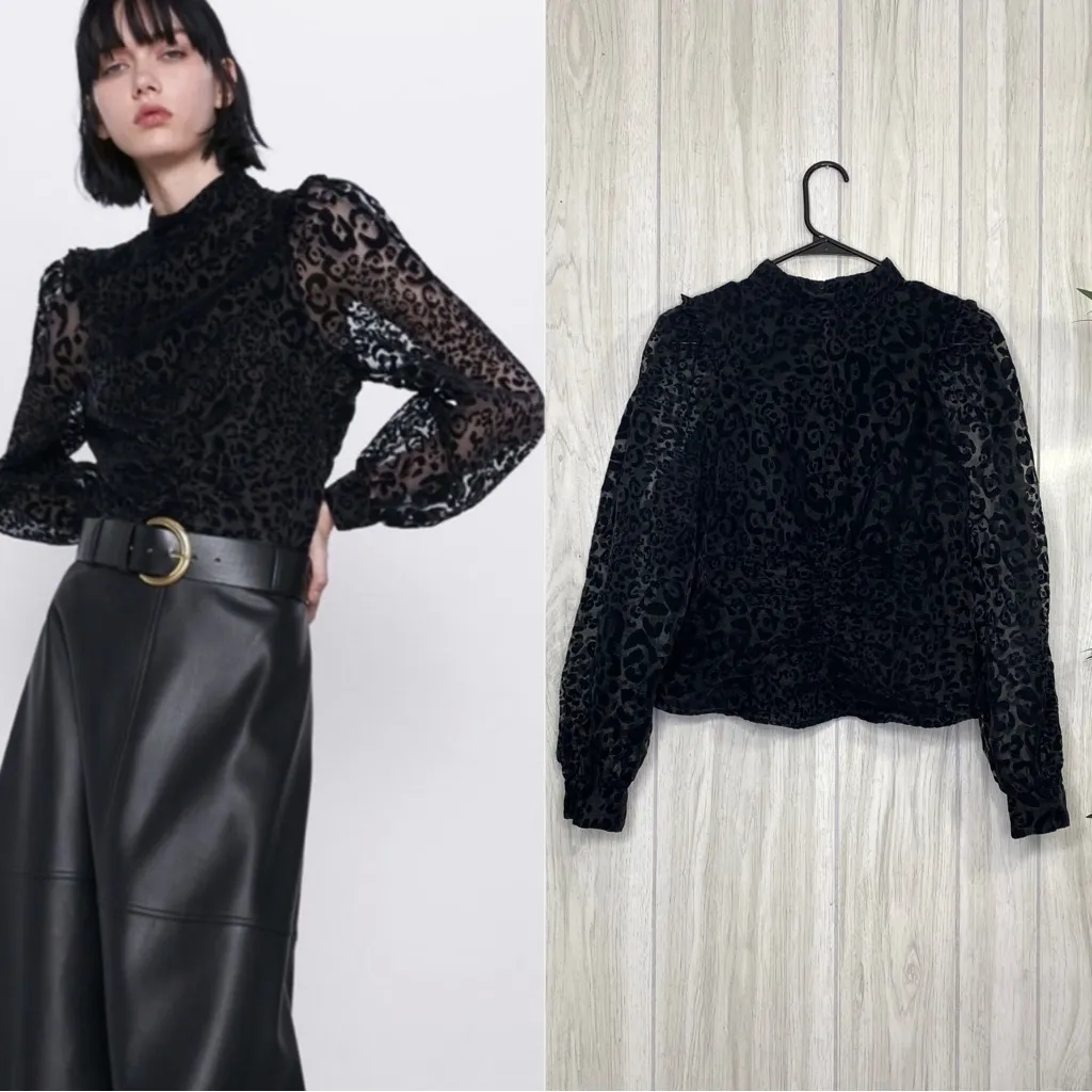 Zara Organza Velvet Animal Print Puff Sleeve Top size M Medium - Image 2