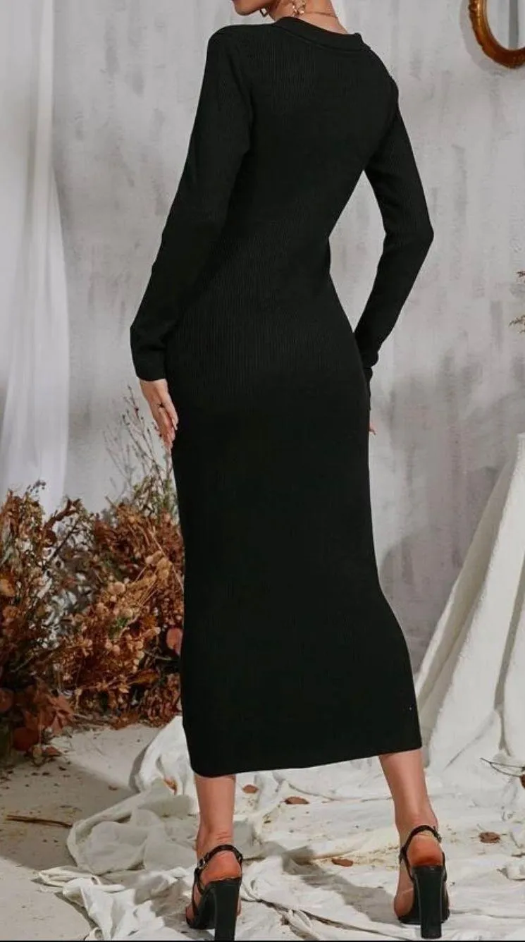 Notch Neck Sweater Dress Black Size M - Image 2