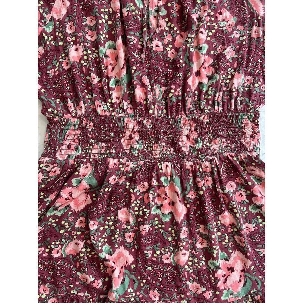 Aerie burgundy floral mini dress, gathered waist & cuffs, size L - Image 11
