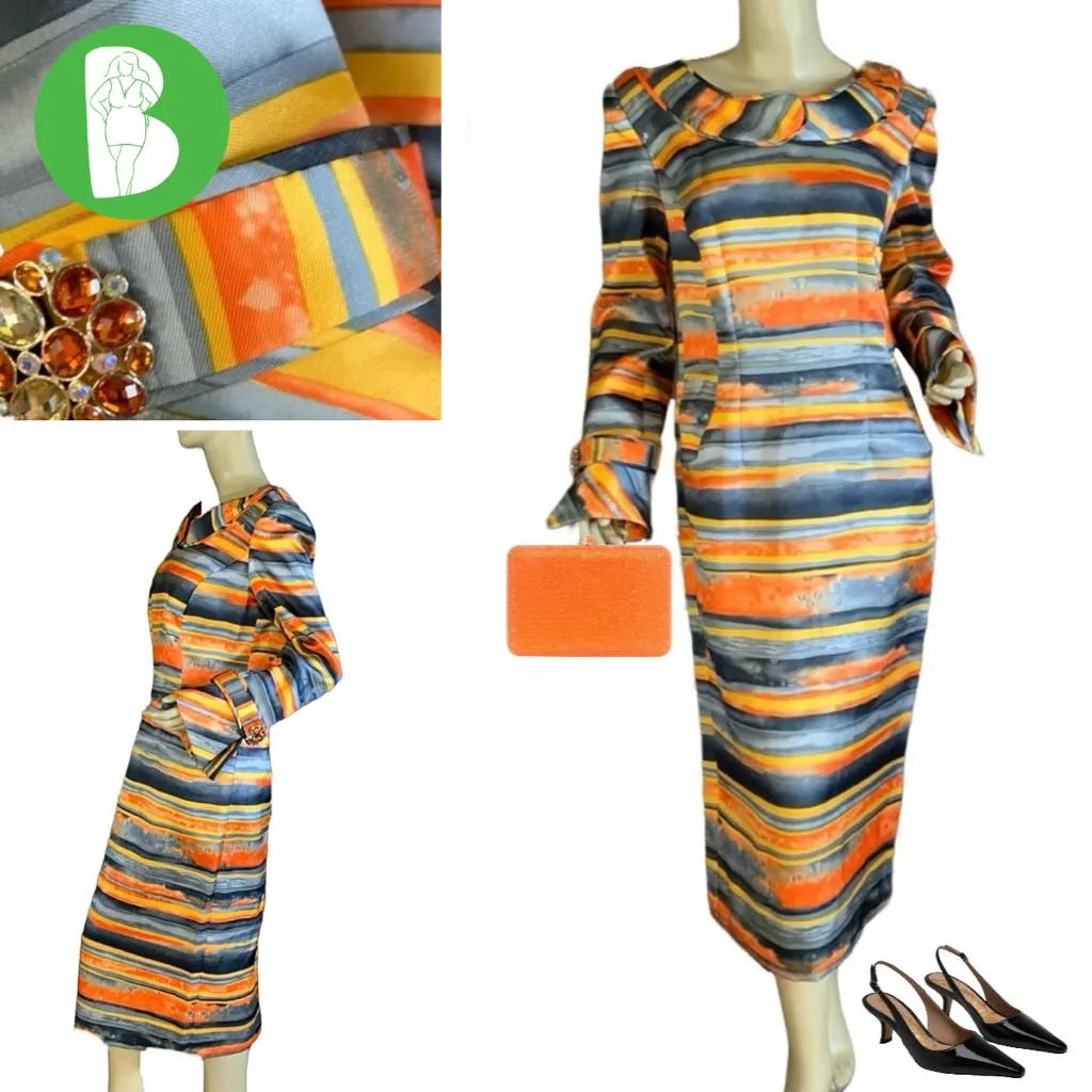 LILLY & TAYLOR ORANGE, YELLOW & GRAY STRIPED WIGGLE DRESS WITH JEWEL CUFFS (8) - Image 2