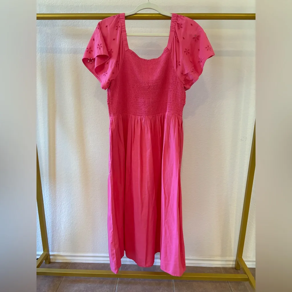 Women’s hot pink square neck smocked maxi dress - large. Floral eyelet sleeve - Image 4