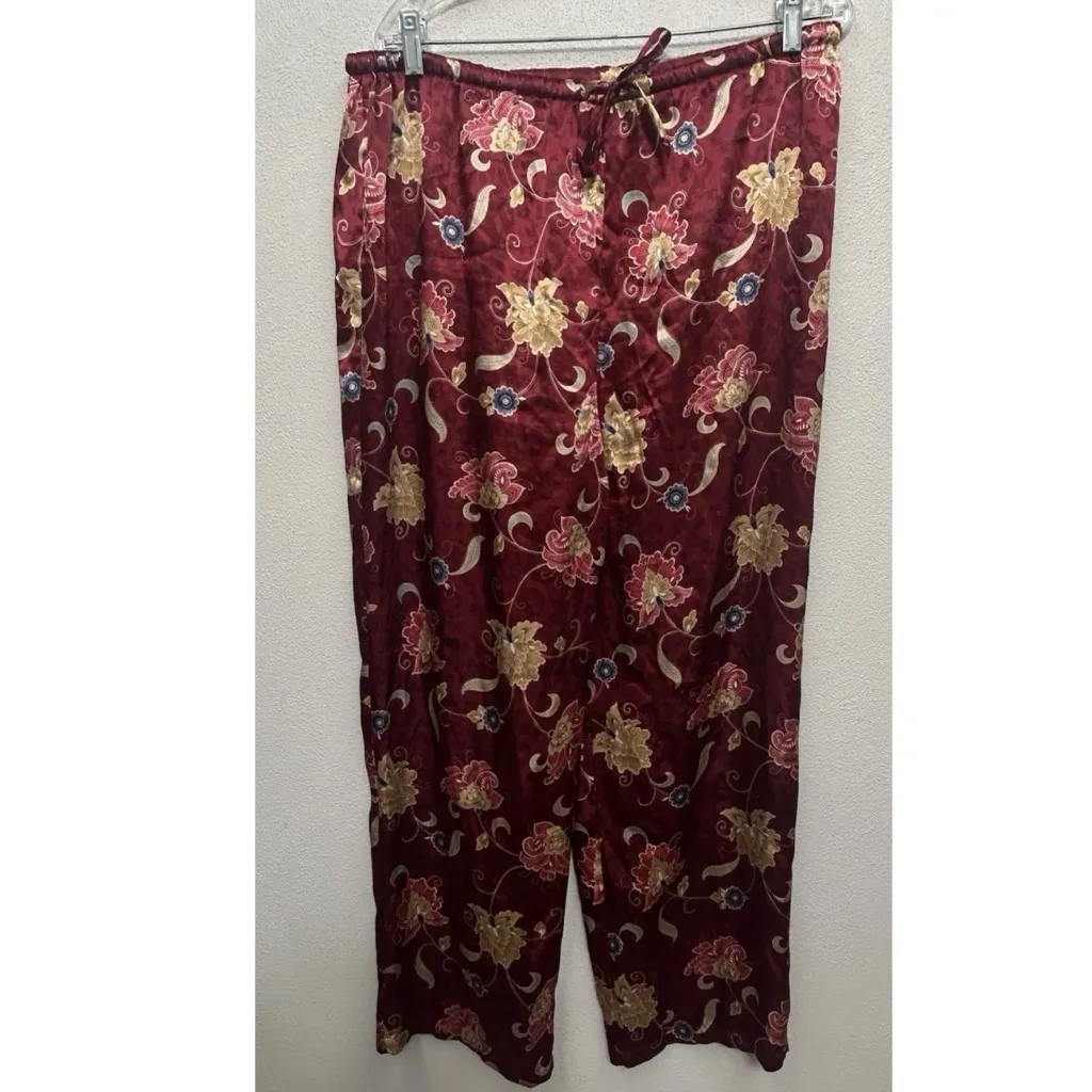 Vtg Valerie Stevens women's satin pajama set L long sleeve pants Burgundy Floral - Image 3
