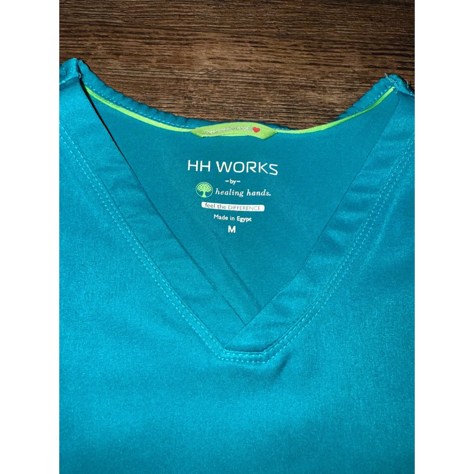 HH WORKS by Healing Hands Teal Scrub Top Short Sleeve Med "Cheers Healing Angel" Blue - Image 5