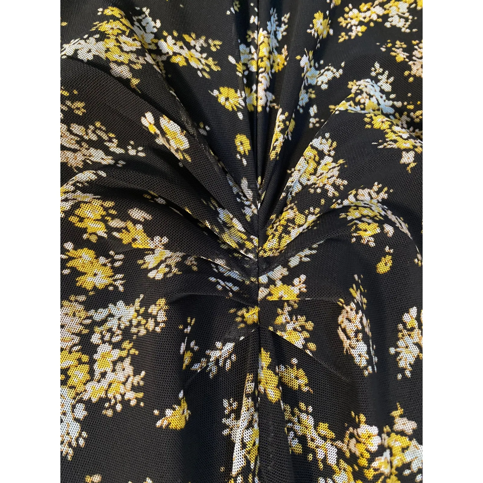 AFRM Tezza Black & Yellow Floral Ruched Mesh Midi Long Sleeves Dress Womens XS - Image 6