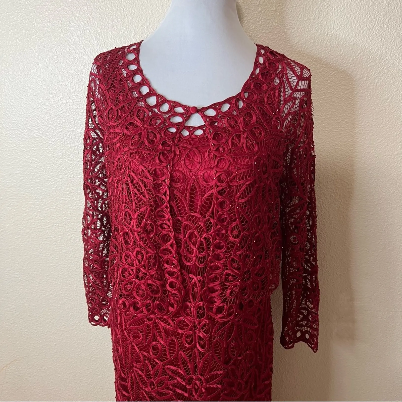 Soulmates red floral lace silk beaded hand crocheted maxi dress & jacket SET L - Image 4