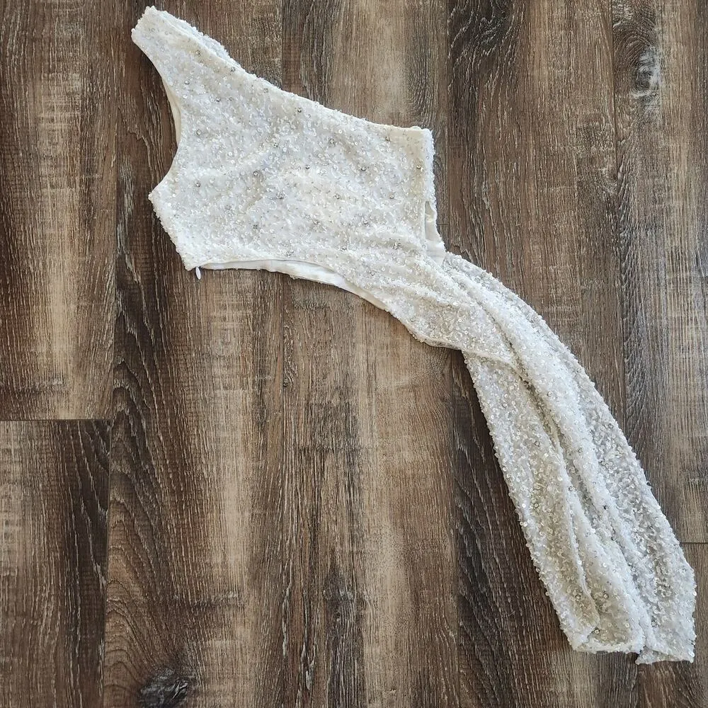 Retrofete Quinn Sequin Top in White Size XXS One Shoulder Crop NWT Beading - Image 6