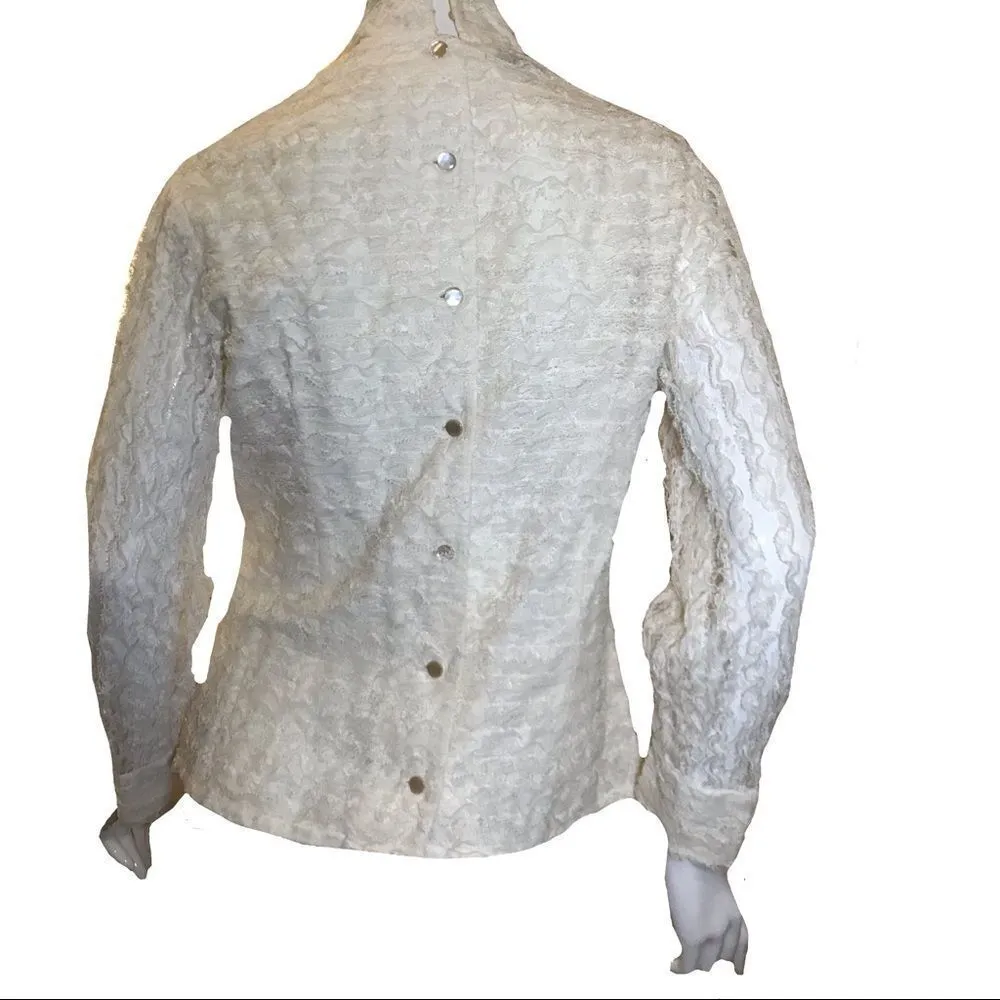 Vintage 1950s Lace Exaggerated Ruffle Tulle Blouse White Adelaar Size M - Image 6