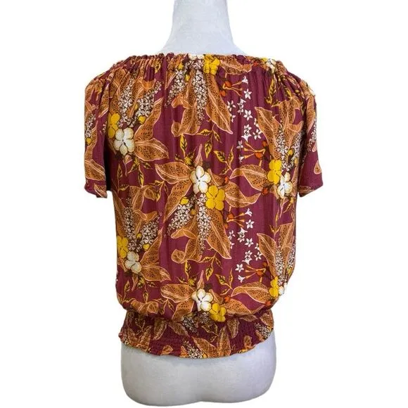 Floral‎ Smocked Off Shoulder Blouse Top Red Yellow Autumn Print - Image 3