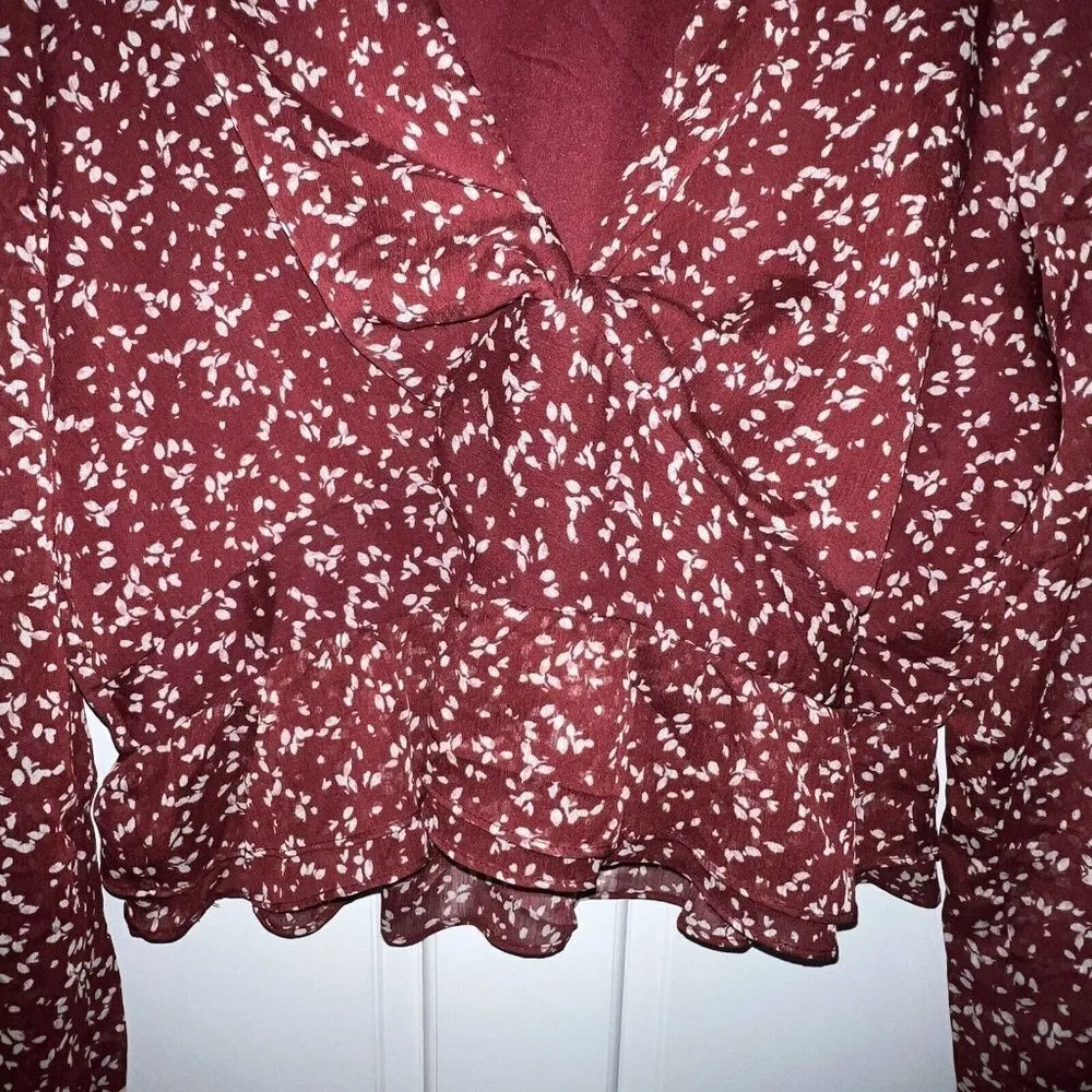Lush Long Sleeve V-Neck Cropped Blouse - Brick Red Cream Floral Ruffled Size XXL - Image 3