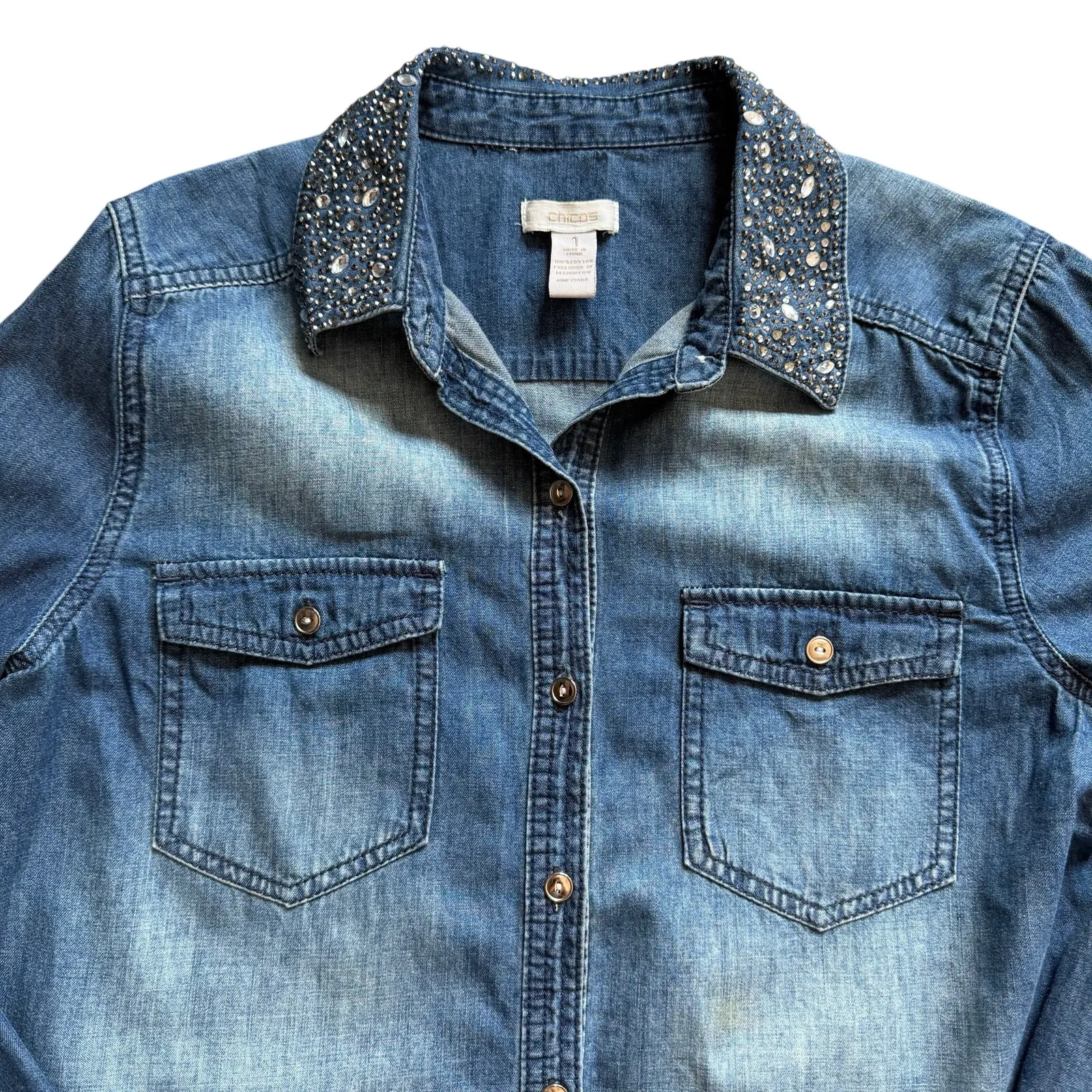 Chicos Rhinestone Collar Denim Chambray Button Up Shirt Long Sleeve Size 1 - Image 2