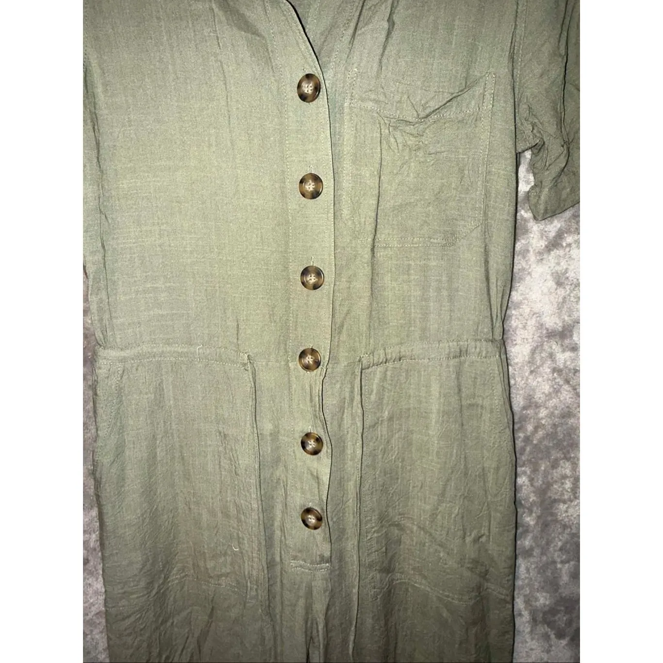 Fashion on Earth Army Green Collared Straight Leg Jumpsuit Elastic Waist Small - Image 2