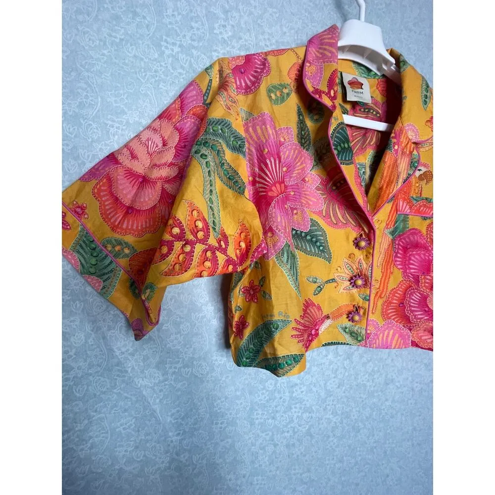Farm Rio Macaw Bloom Cropped Shirt Yellow Pink Green Size Small - Image 5