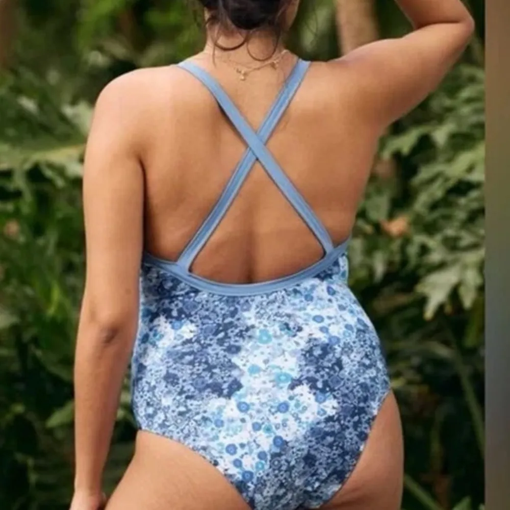 Aerie  baby blue micro multi floral strappy back vneck plunge one piece swimsuit - Image 3