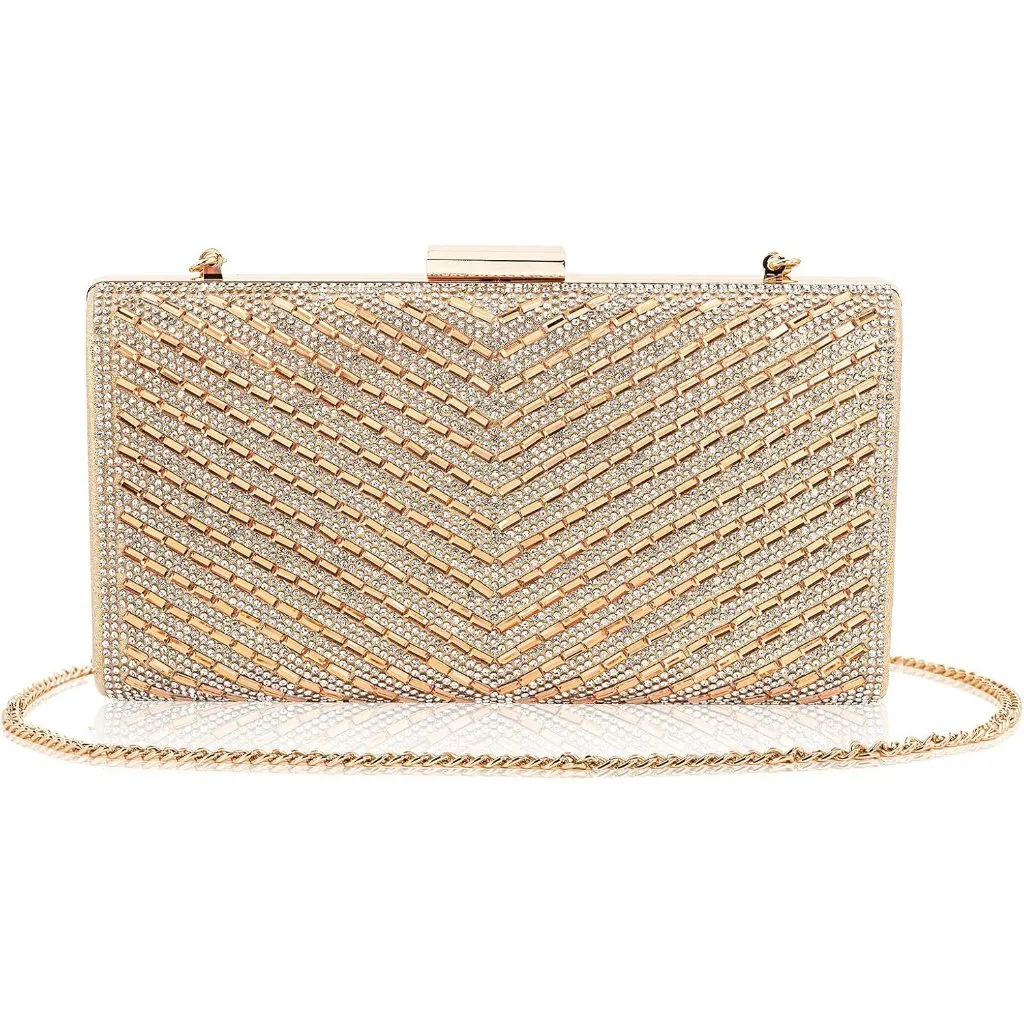⚡ Women's Sparkly Rhinestone Glitter Metal Clasp Chain Evening Gold Clutch Bag - Image 3