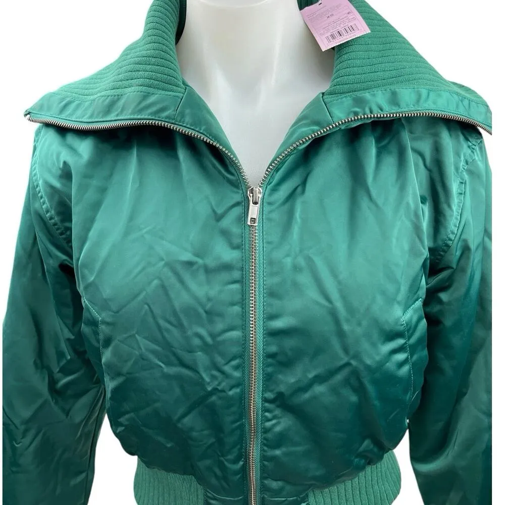 NEW Wild Fable Womens Emerald Green Satin Zip Up Collar Crop Bomber Jacket Sz XS - Image 3