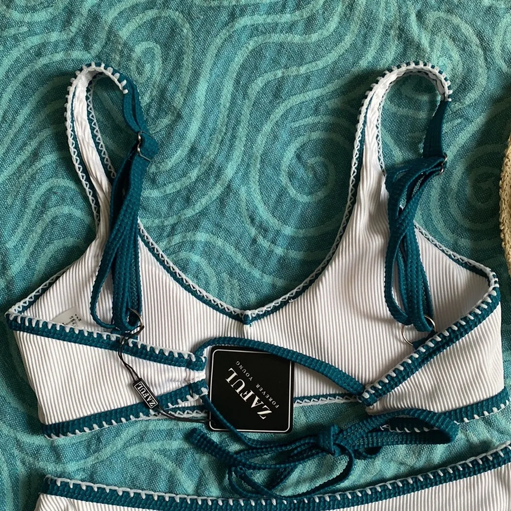 Boutique Women’s Ribbed Braided Trim Textured 2 Piece Bikini Bathing Suit Set - Image 5