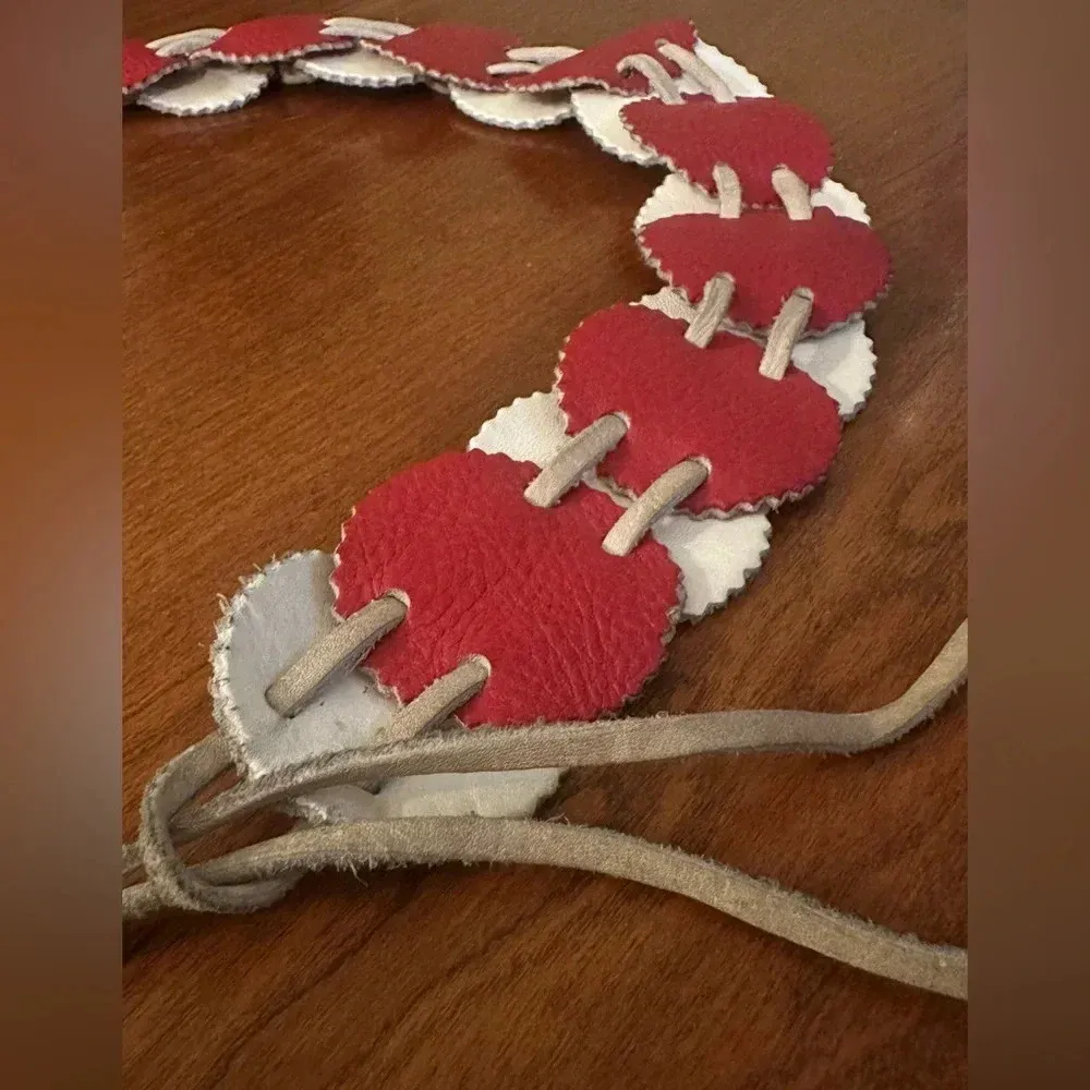 Vintage Handmade Leather Circle Belt – Red & White Boho Western Tie Belt | 70s - Image 2