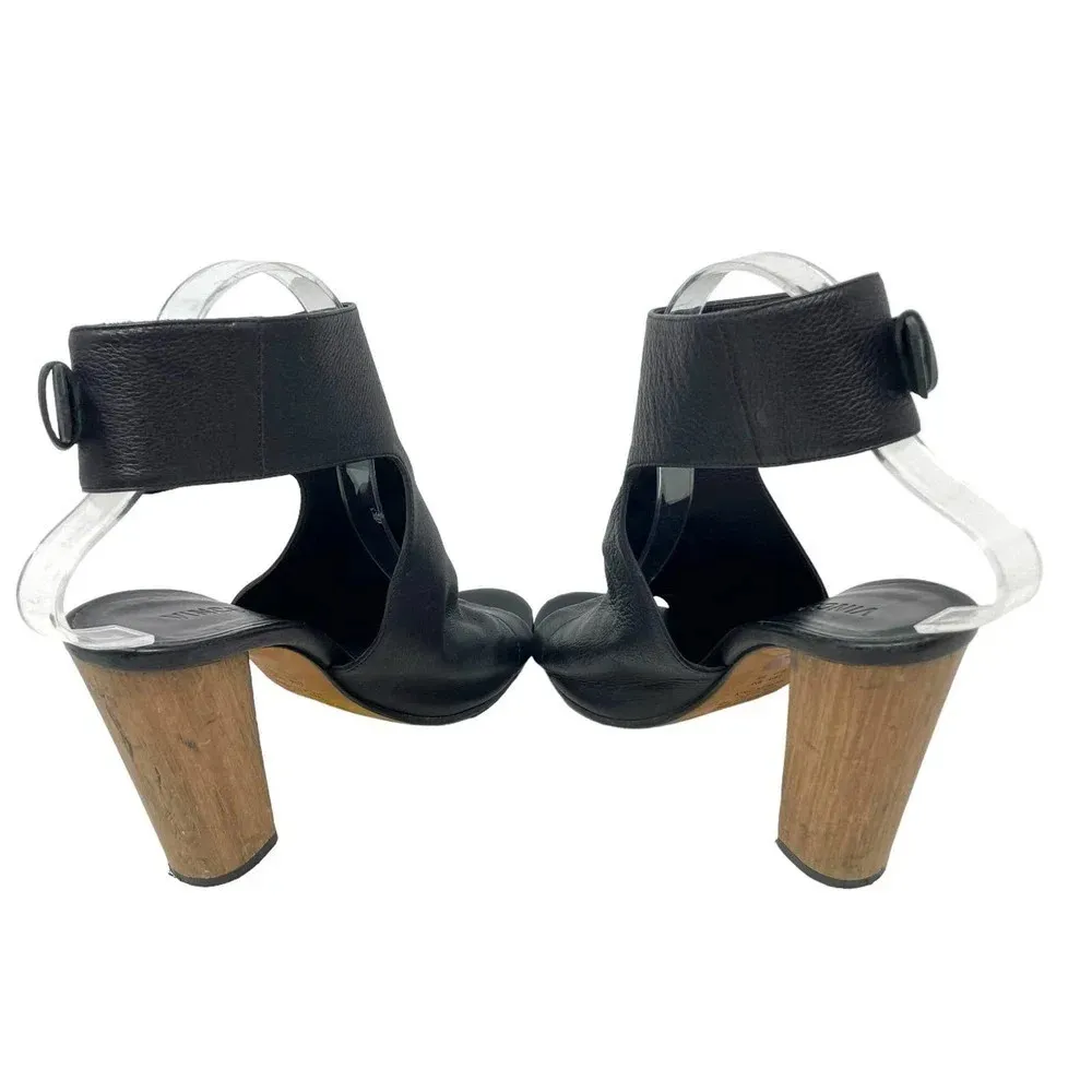 Vince Addie Cutout Black Leather‎ Sandal Wood Heels Size US 8 - Image 5