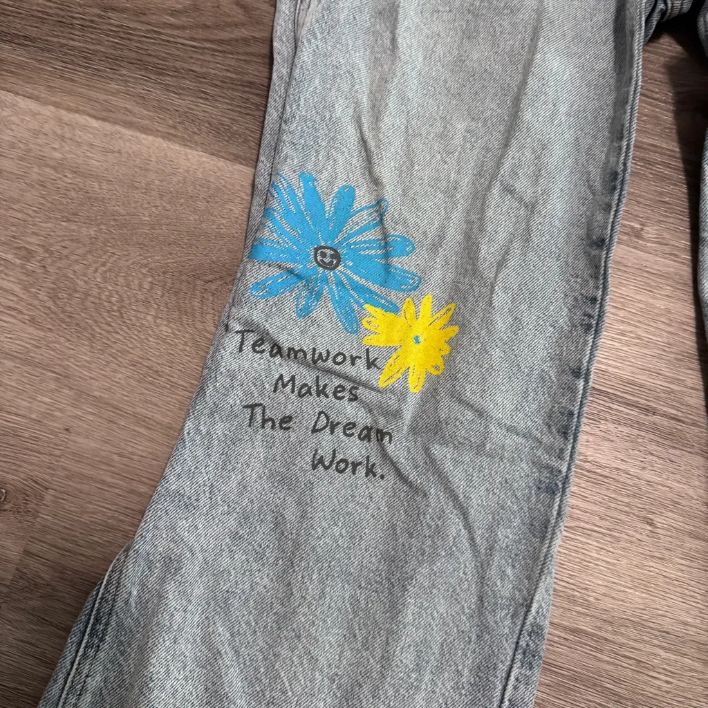 Pacsun Baggy Jean 26 Painted Denim Paint Flower Rainbow Sun Eye Button Fly - Image 3