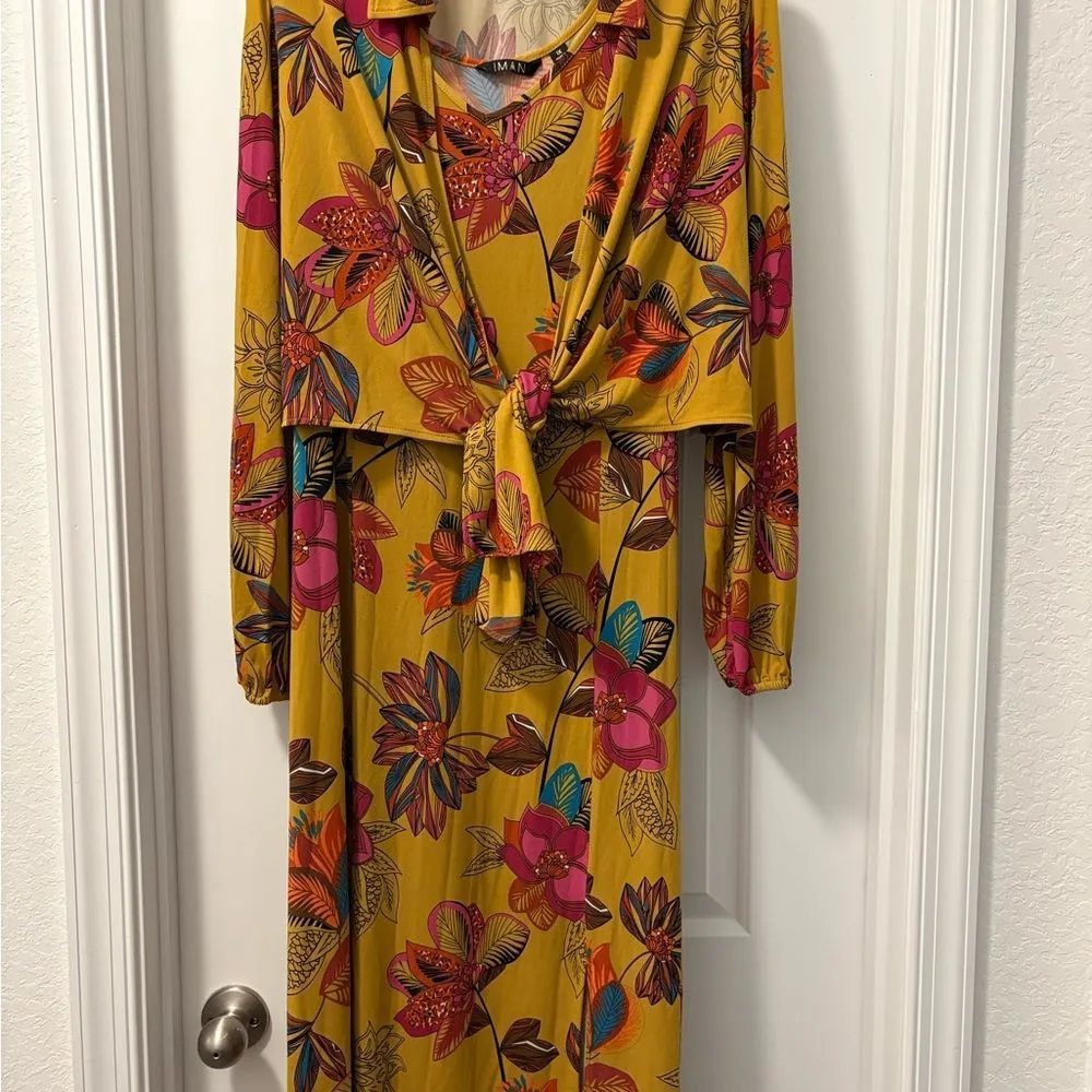 IMAN Global Chic Runway Jersey Knit Multicolor Floral Maxi Dress Size 1X Yellow - Image 3