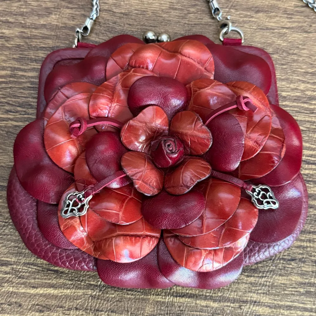 Brighton Rosalie‎ 3D Flower Red Leather Kiss Lock Coin Purse Crossbody Mini Bag - Image 3