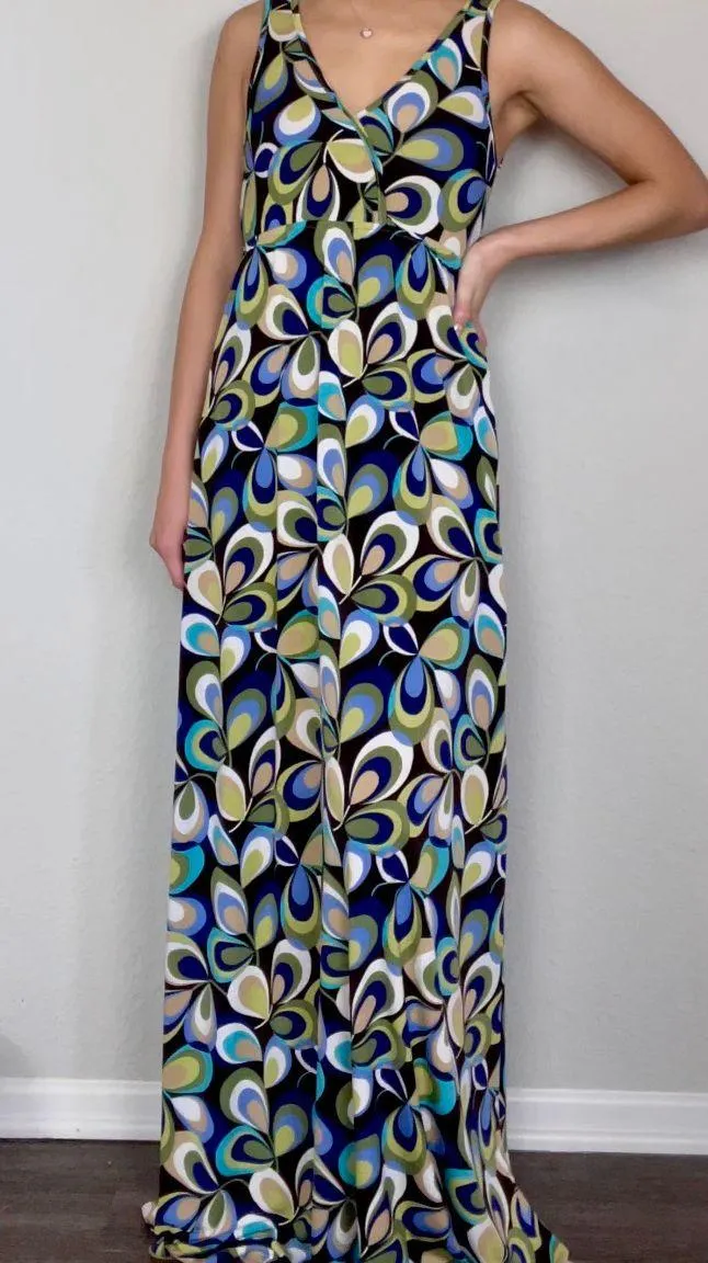 Arden B  Black, Olive Green, & Blue Groovy Funky Floral Leaf Petals Wrap Sleeveless Maxi Dress - Image 2