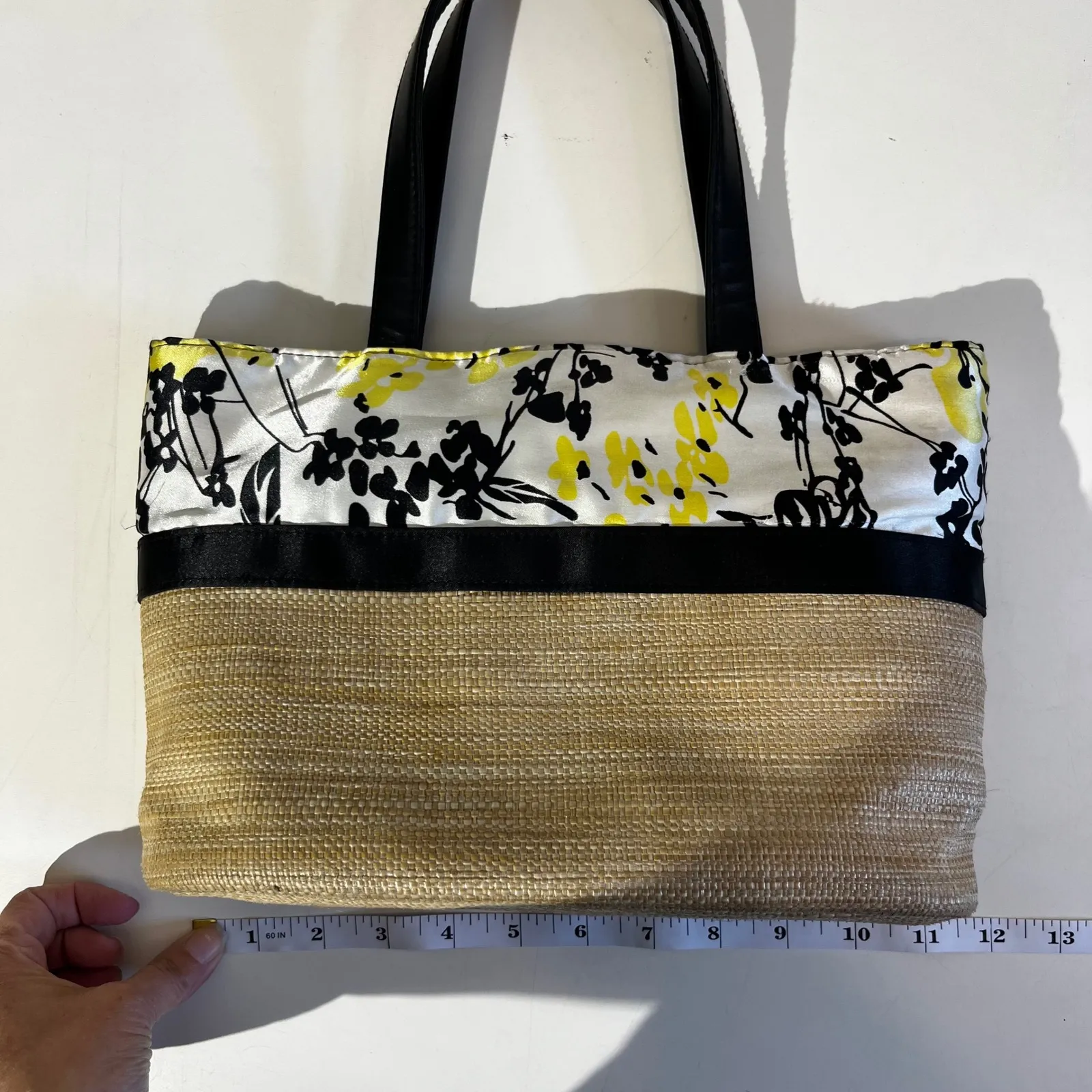 Floral Straw Tote Bag Yellow Black & White Purse Handbag Hobo Indie - Image 8