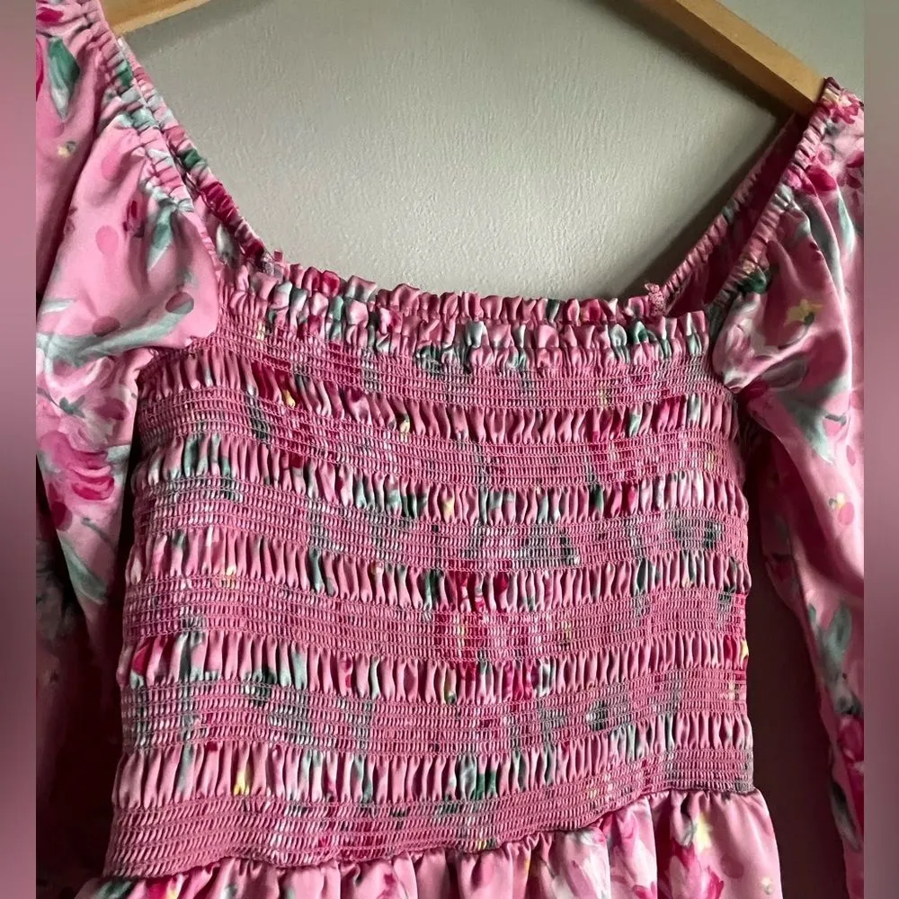 WAYF Smocked Pink Floral Polka Dot Babydoll Dress - Cottagecore Puff Sleeve Midi - Image 5