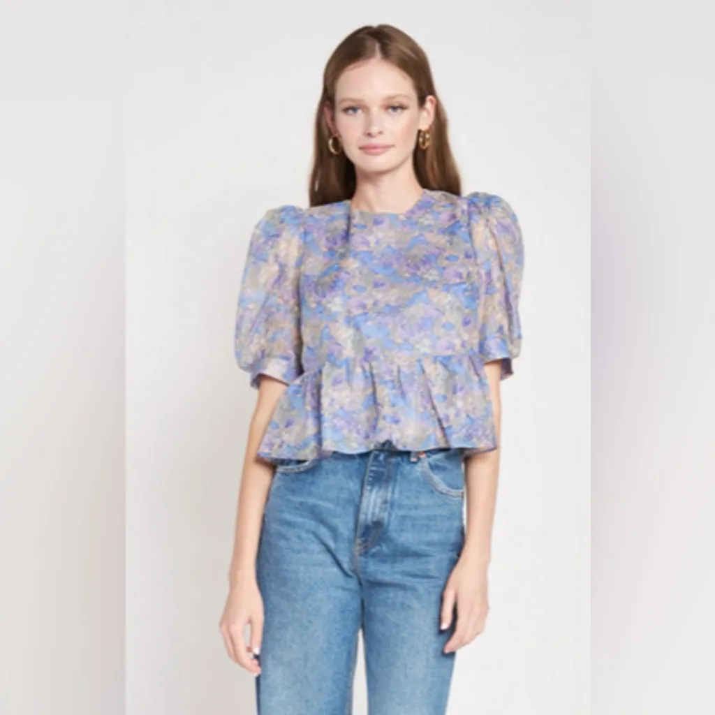 Anthropologie En Saison‎ Floral Organza Blouse Lilac Top Shirt Open Back Small Blue - Image 2
