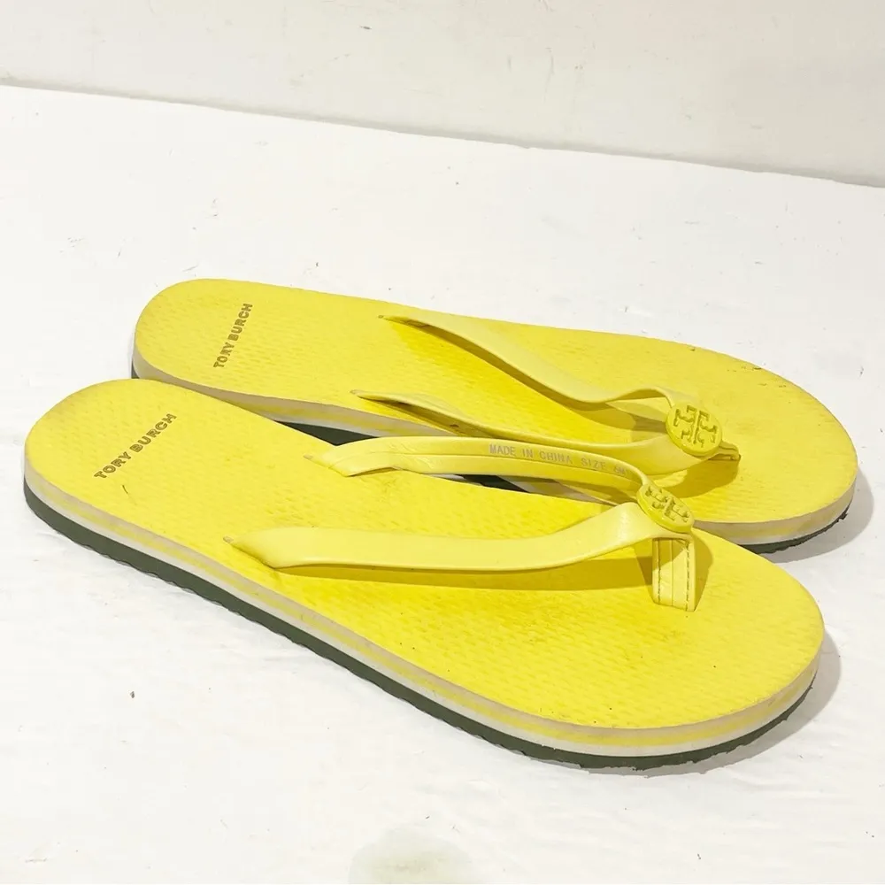 Tory Burch Womens Size 6 Mini Minnie Flip Flop Thong Firefly Yellow Logo Sandals - Image 3