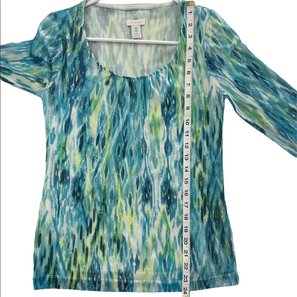 Chicos Sheer Blouse Tunic Top Size 0 Green and Blue Nylon Watercolor 3/4 sleeves - Image 6