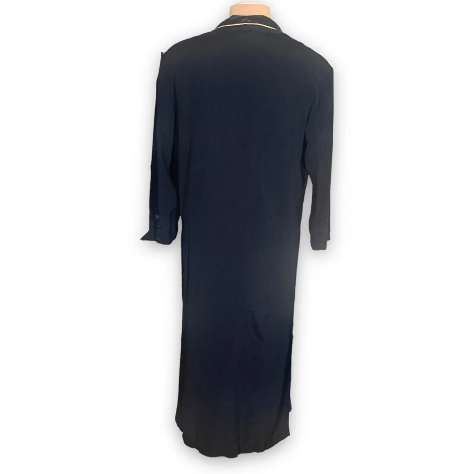 Vintage 90s Cache Black Duster Coat Gold Embroidered Satin Collar Size Medium - Image 3