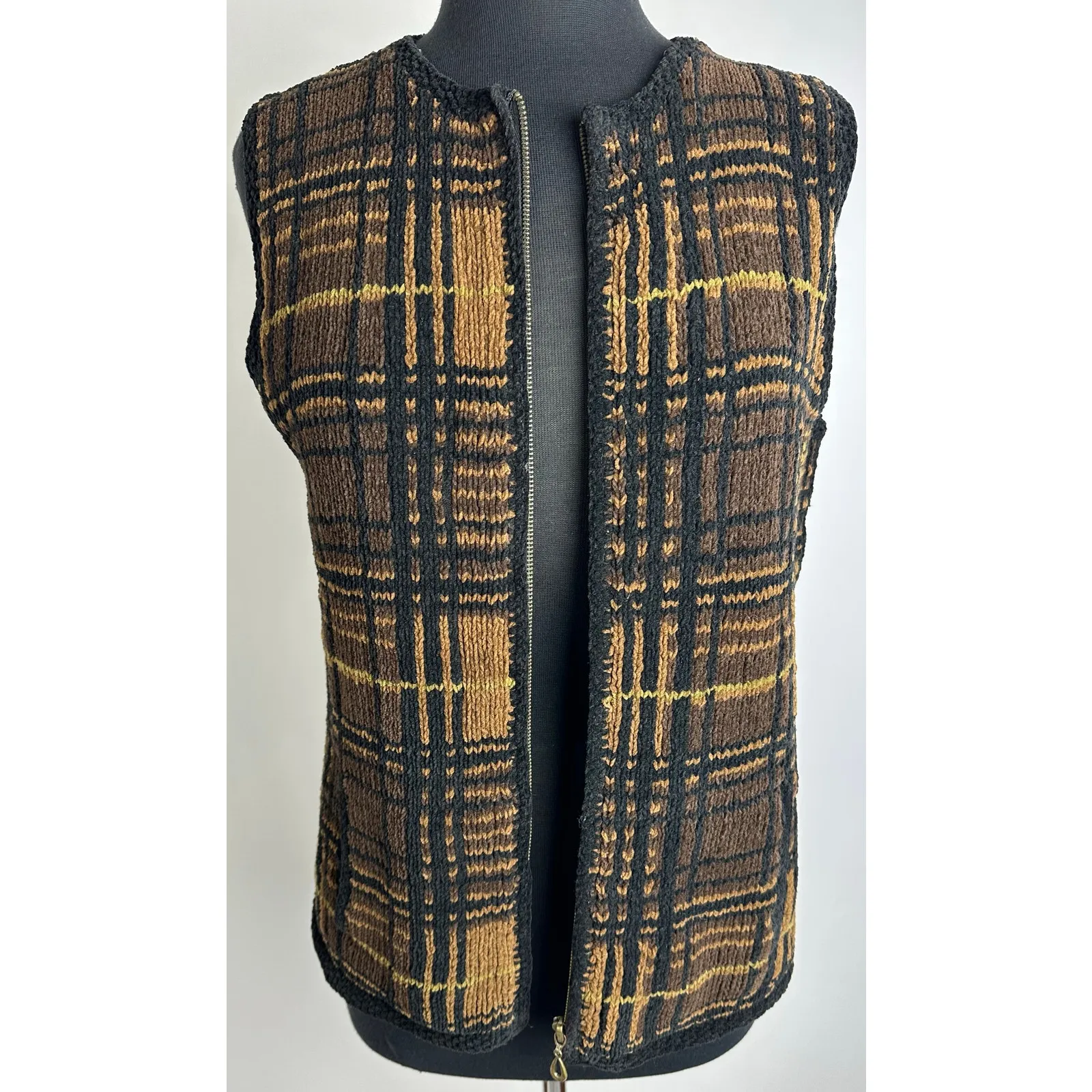 Vintage Harold's Size Large Woven Knit Vest Black Brown Full Zip Retro Hipster - Image 4