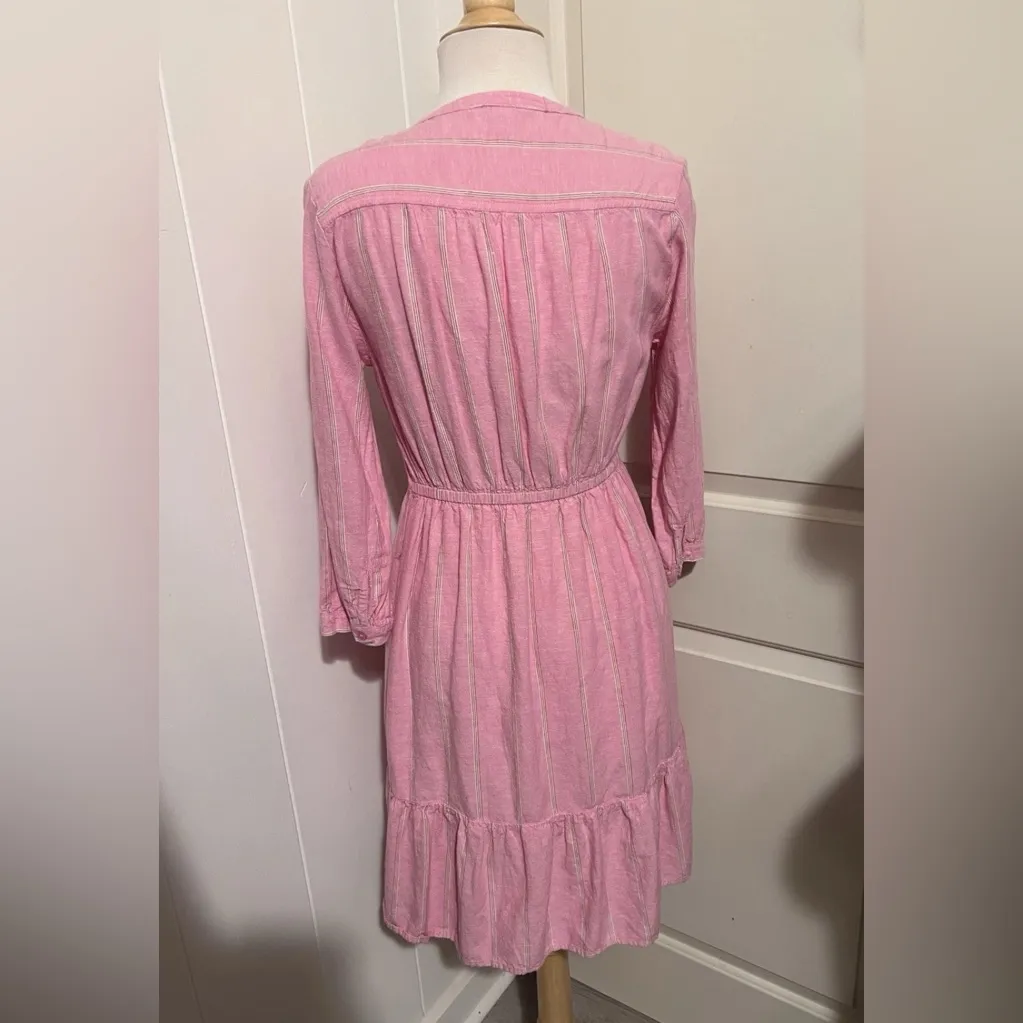 OLD NAVY Linen Shirt Dress Waist Medium Pink Stripe Resort Brunch Hampton Easter - Image 2