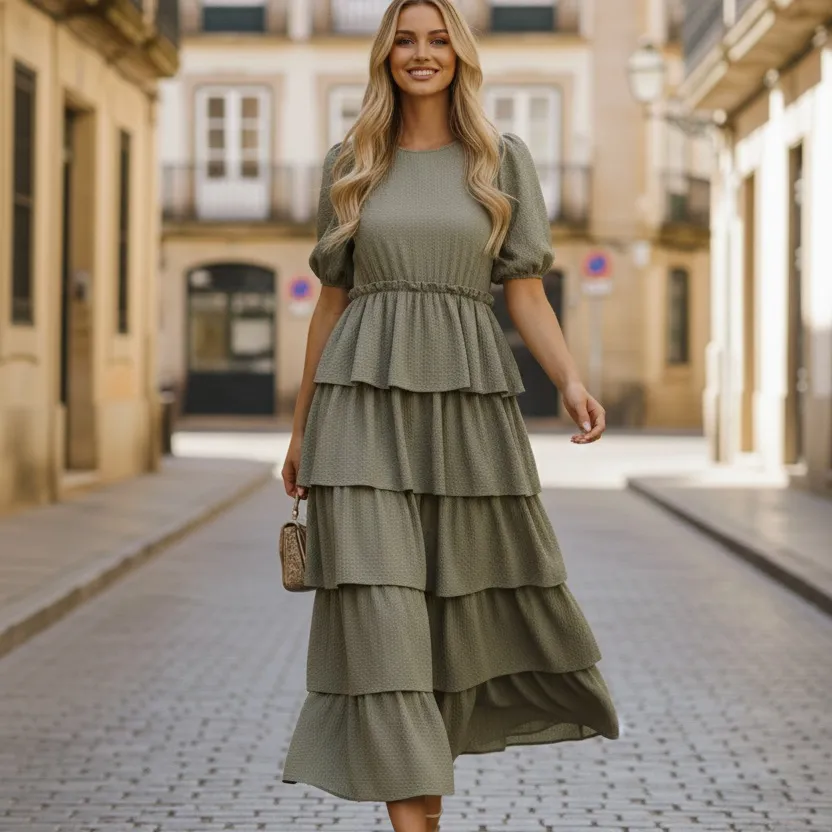 Free the Roses Olive Tiered Dress Skirt Green Size M - Image 4